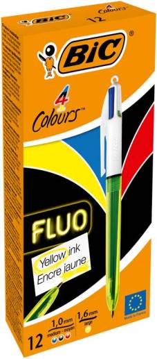 4-kleuren balpen "Fluo" 2-in-1, medium punt + large punt fluo geel